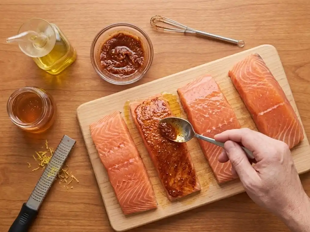 Air Fryer Salmon step 2 Spreading honey paprika seasoning paste over raw salmon fillets with a spoon
