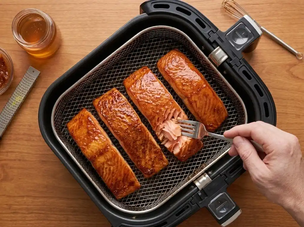 Air Fryer Salmon step 3 Skin-on salmon fillets placed in a single layer in an air fryer basket ready to cook