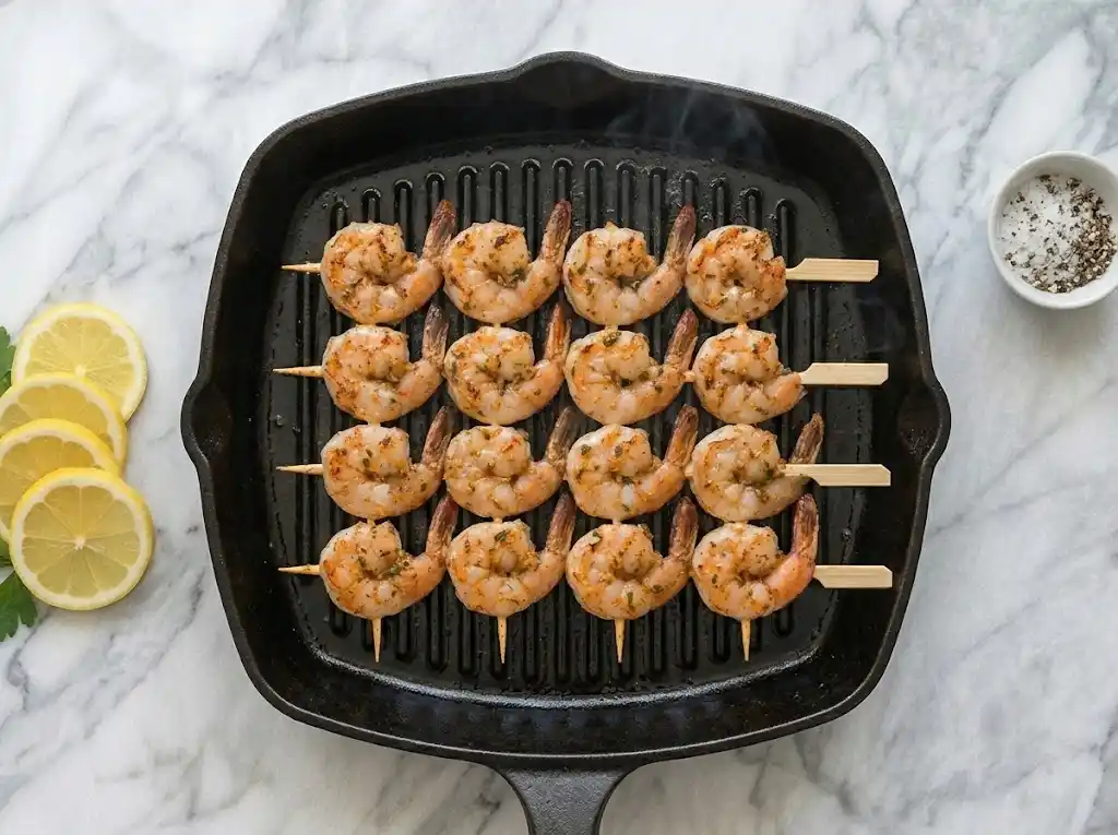 Grill Cooking the prepared Grilled Shrimp Skewers on hot grill grates until they are pink, opaque, and lightly charred.