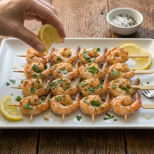 Alt Text: A close-up of perfectly cooked Grilled Shrimp Skewers showing a light char, garnished with fresh parsley and a squeeze of lemon. SEO Rationale: Highlights the appetizing visual details ("light char," "perfectly cooked") while keeping the exact focus keyword front and center.