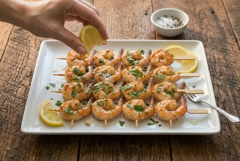 Alt Text: A close-up of perfectly cooked Grilled Shrimp Skewers showing a light char, garnished with fresh parsley and a squeeze of lemon. SEO Rationale: Highlights the appetizing visual details ("light char," "perfectly cooked") while keeping the exact focus keyword front and center.