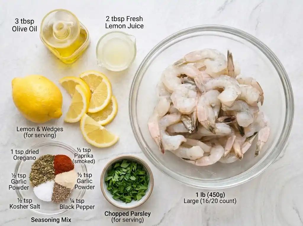 Grilled Shrimp list ingrediants Raw ingredients for making Grilled Shrimp Skewers, including fresh shrimp, olive oil, lemons, garlic powder, paprika, and oregano.