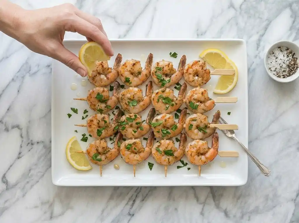 Grilled shrip Serve Immediately Freshly plated Grilled Shrimp Skewers finished with a squeeze of fresh lemon juice and chopped parsley, ready to be served.