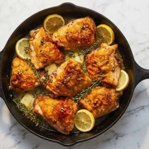 Crispy lemon garlic chicken thighs simmering in a rich pan sauce inside a cast iron skillet