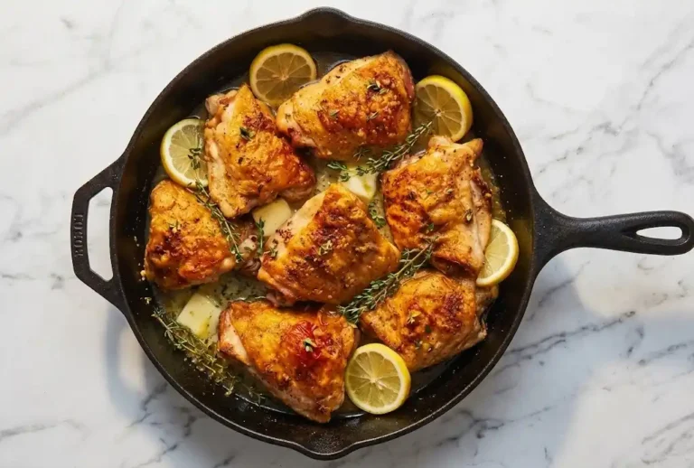 Crispy lemon garlic chicken thighs simmering in a rich pan sauce inside a cast iron skillet