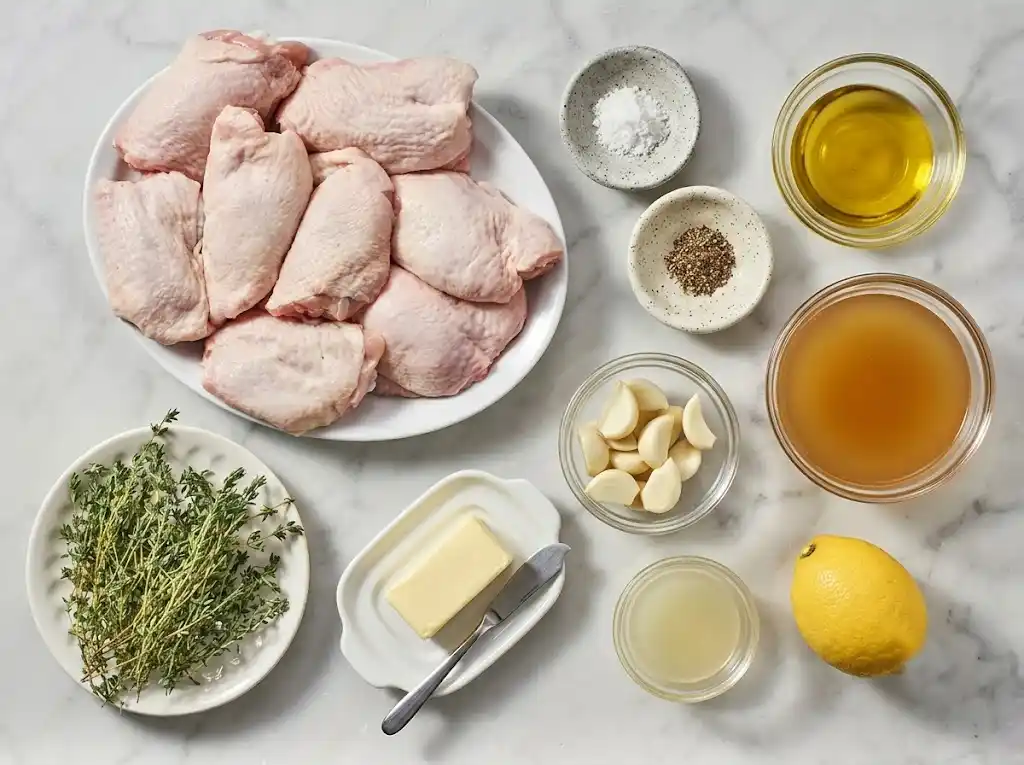 Lemon garlic chicken thighs ingrediants Raw bone-in chicken, fresh lemons, garlic cloves, and broth laid out on a marble counter as ingredients for lemon garlic chicken thighs