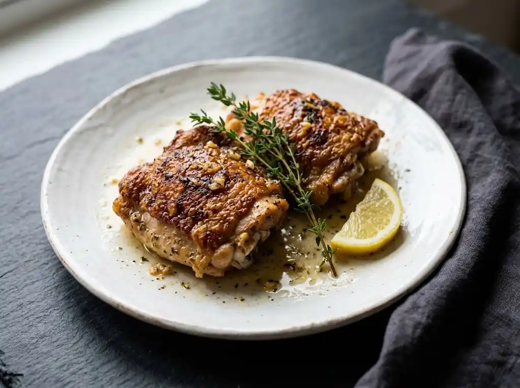 Lemon garlic chicken thighs plat A plated serving of pan-seared lemon garlic chicken thighs garnished with fresh thyme and a lemon wedge