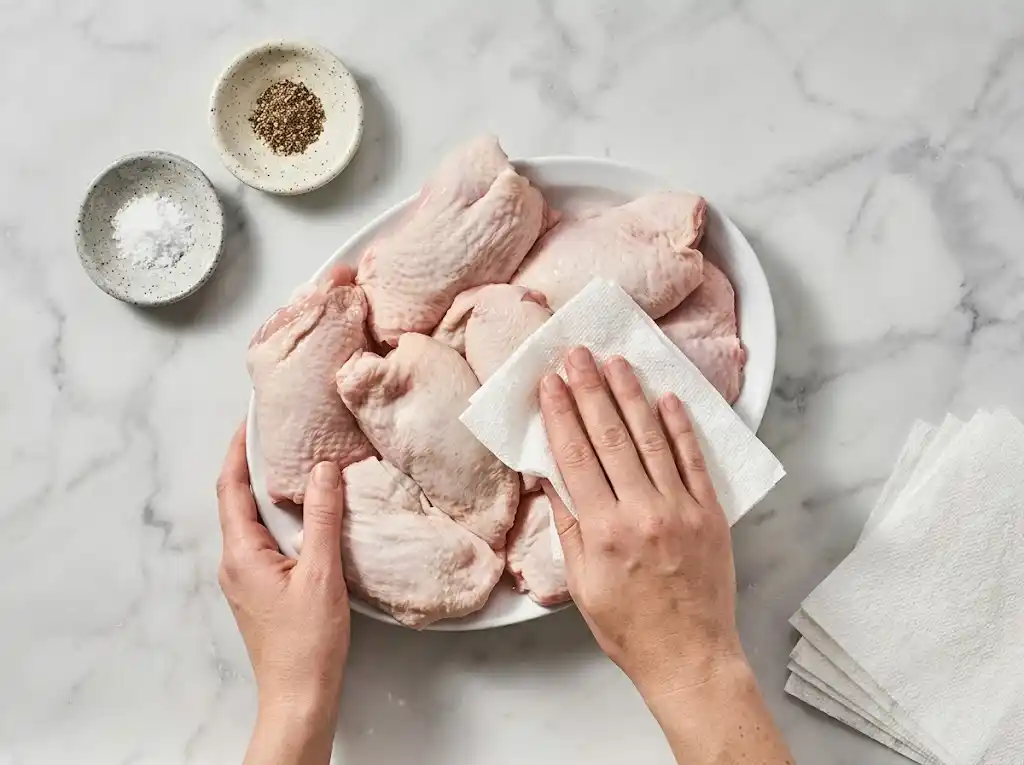 Lemon garlic chicken thighs step1 Patting raw chicken thighs completely dry with a paper towel to ensure crispy skin for lemon garlic chicken thighs