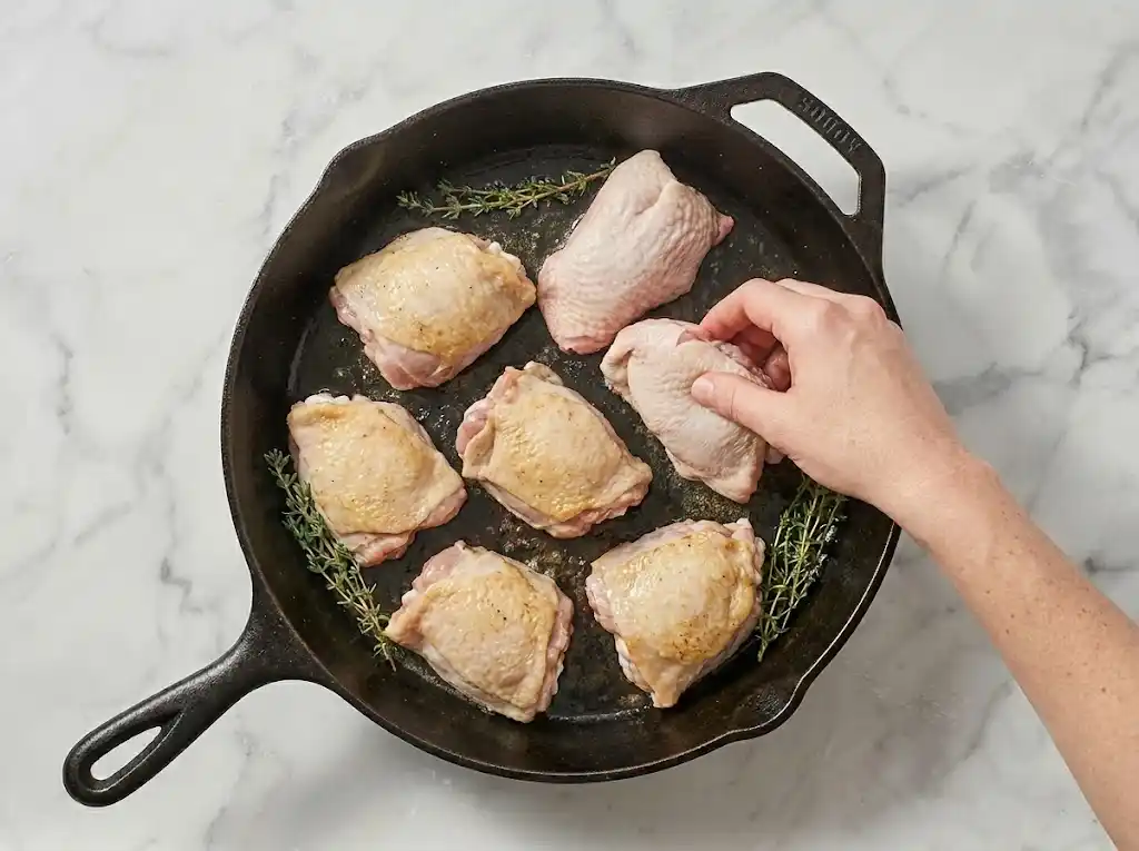 Lemon garlic chicken thighs step2 Searing seasoned chicken thighs skin-side down in a hot cast iron skillet to render the fat