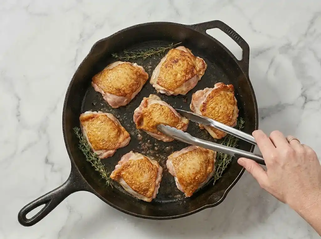 Lemon garlic chicken thighs step3 Flipping pan-seared chicken thighs with tongs to reveal the crispy golden brown skin