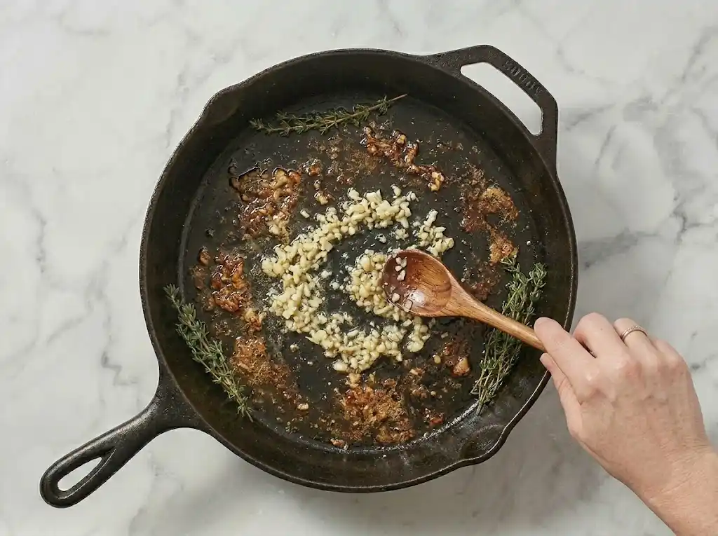 Lemon garlic chicken thighs step4 Sautéing minced garlic in the chicken skillet to build the savory flavor base