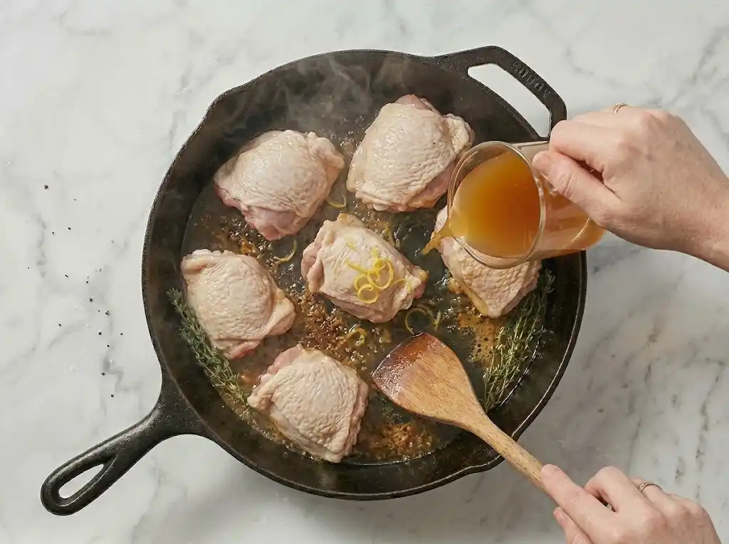 Lemon garlic chicken thighs step5 Pouring chicken broth and fresh lemon juice into the pan to deglaze and create the sauce