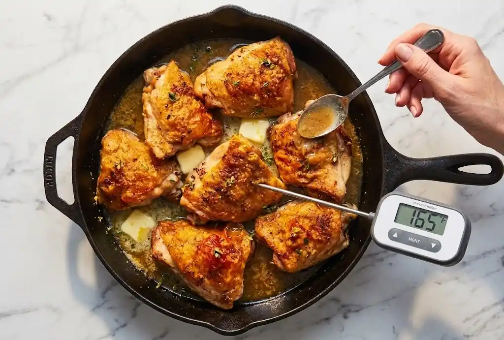 Lemon garlic chicken thighs step6 Using a meat thermometer to check the internal temperature of the finished lemon garlic chicken thighs at 165 degrees