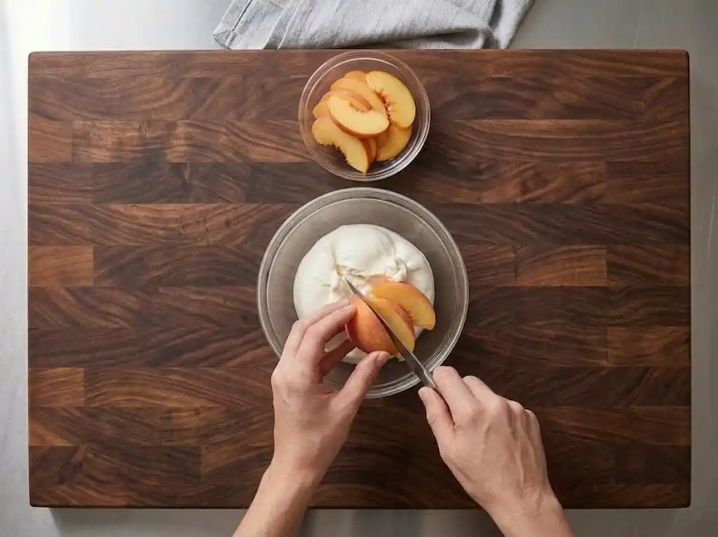 Slicing fresh, ripe peaches into elegant wedges for the base of a Peaches and Burrata Salad.