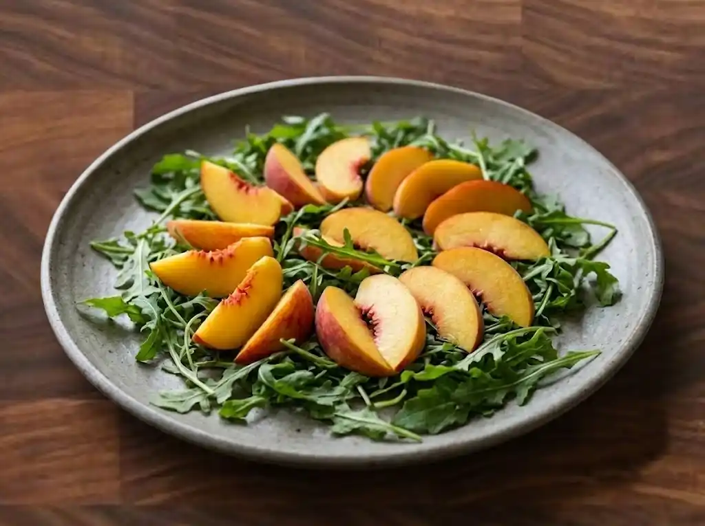 Arranging sliced fresh peaches over a bed of green arugula on a serving plate for a Peaches and Burrata Salad.