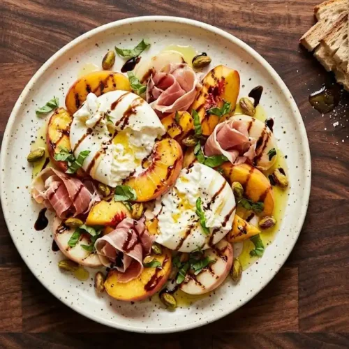 A vibrant, fresh Peaches and Burrata Salad drizzled with balsamic glaze, honey, and garnished with fresh basil from MixoRecipes.