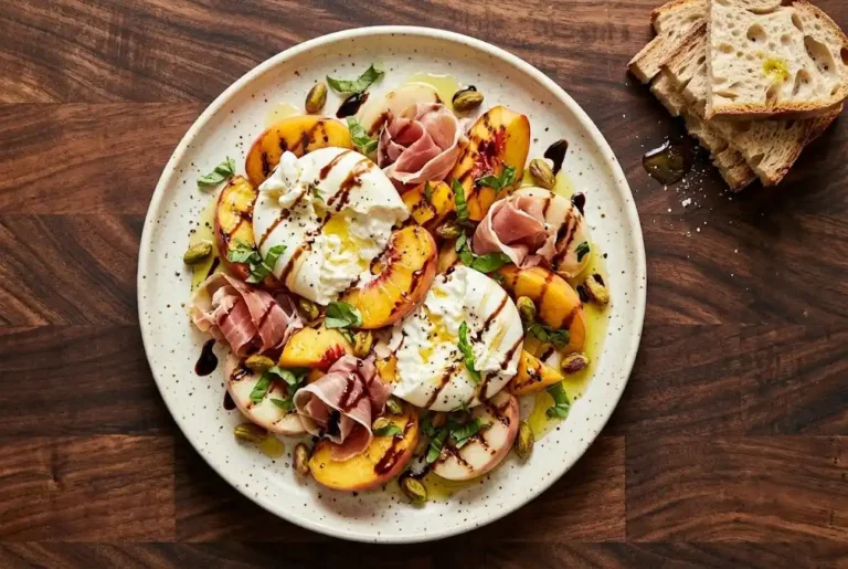 A vibrant, fresh Peaches and Burrata Salad drizzled with balsamic glaze, honey, and garnished with fresh basil from MixoRecipes.