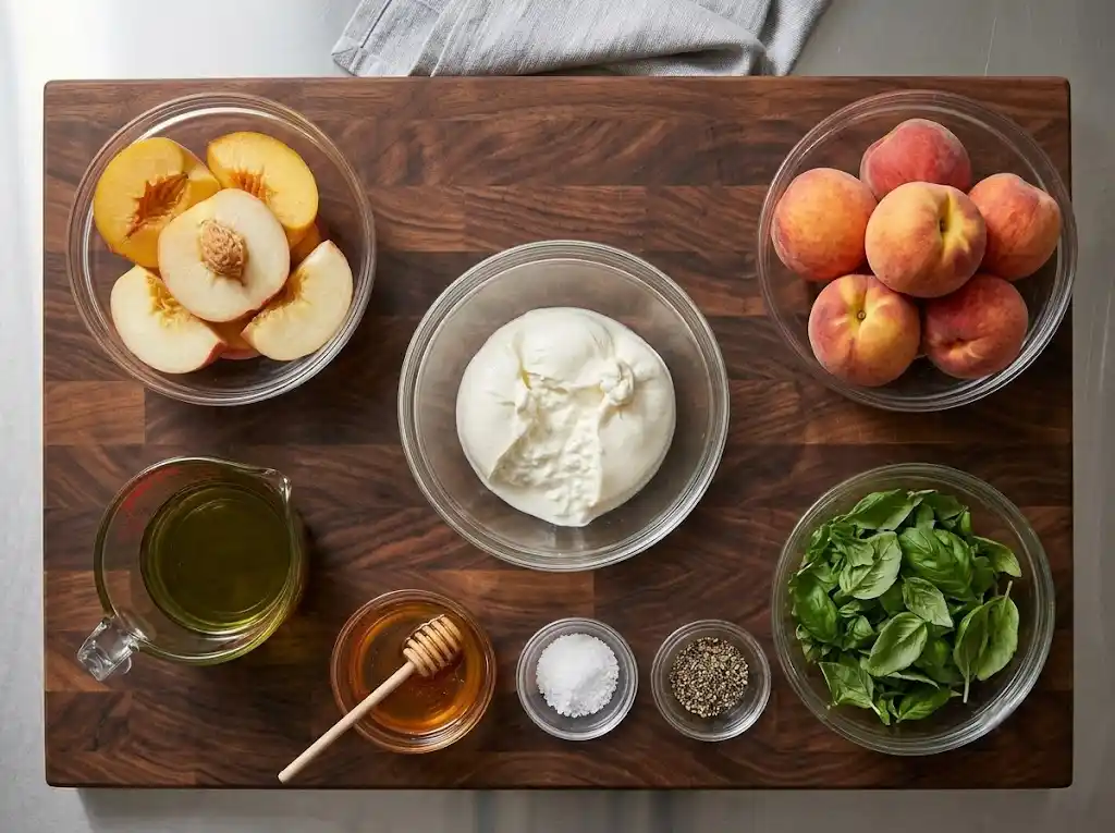 Fresh ingredients gathered for a Peaches and Burrata Salad, including fresh whole peaches, creamy burrata cheese, arugula, olive oil, and balsamic glaze.