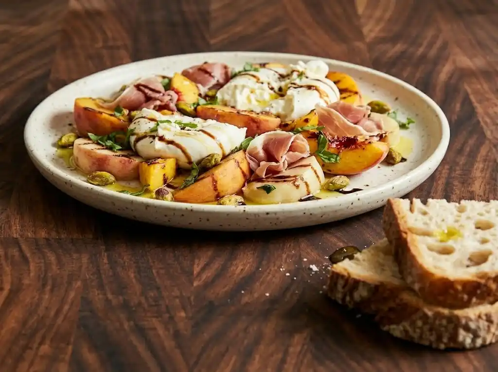 A close-up of a ready-to-eat Peaches and Burrata Salad, highlighting the creamy torn cheese mingling with juicy peach wedges and balsamic dressing.