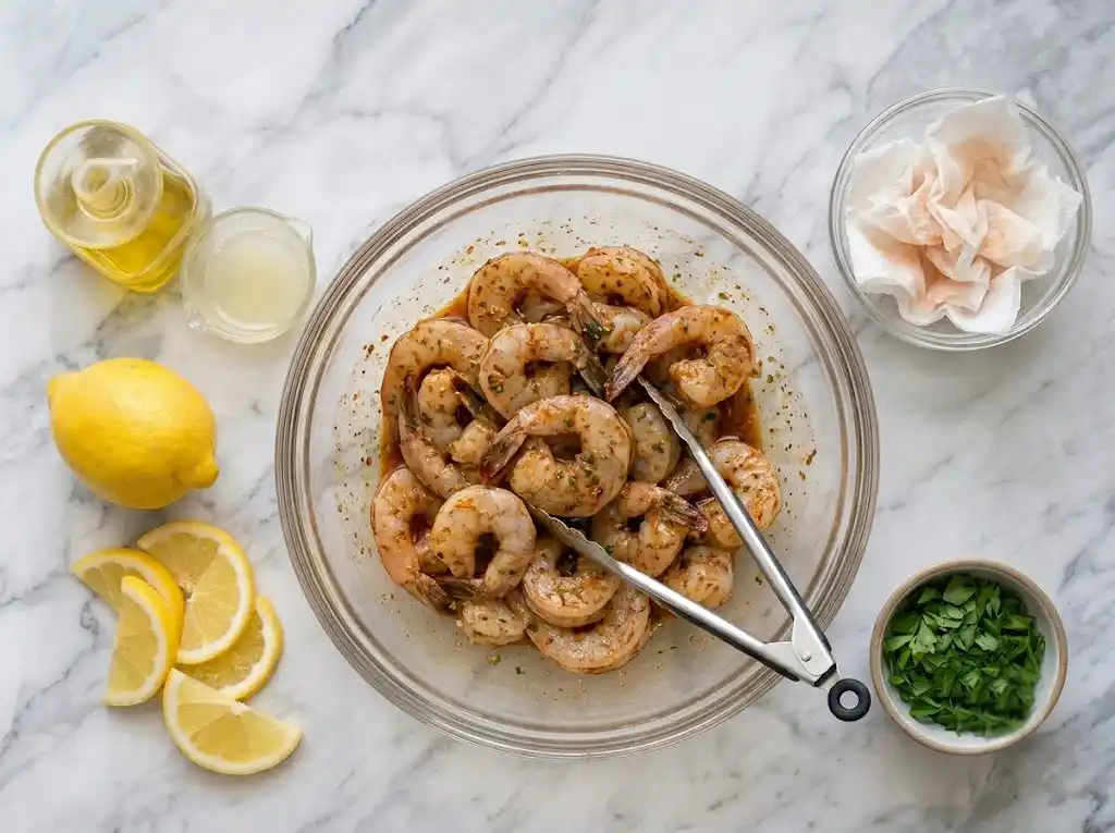 Prep and Coat the Shrimp Tossing raw, dried shrimp in the prepared herb and lemon marinade to ensure an even coat for Grilled Shrimp Skewers.