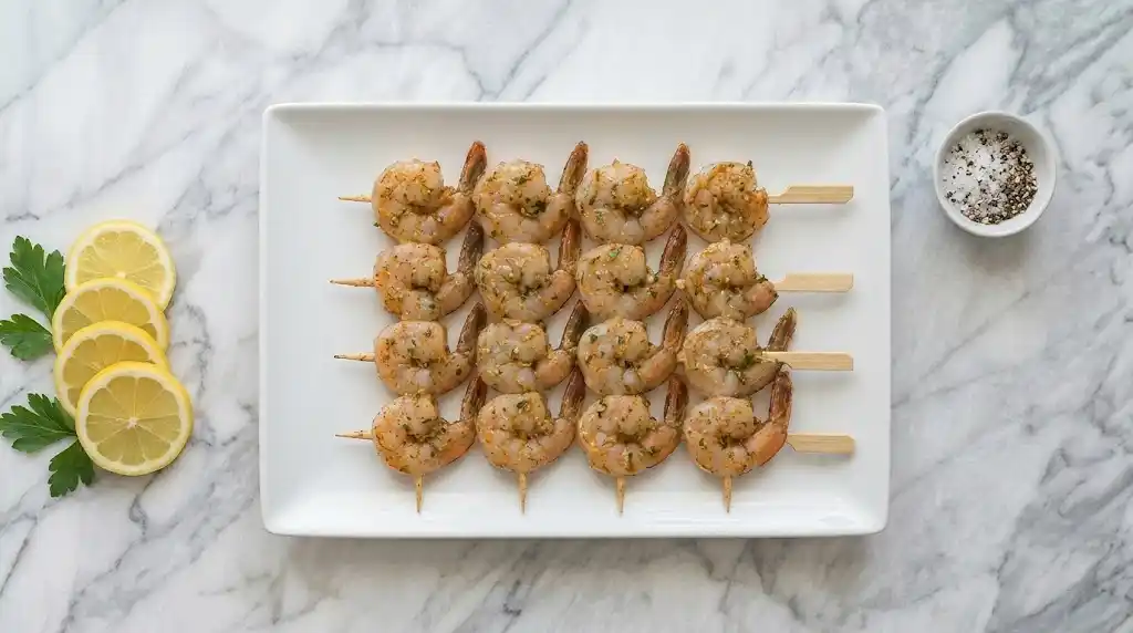 Thread the Skewers Threading marinated raw shrimp through both the thick end and the tail to assemble the Grilled Shrimp Skewers.