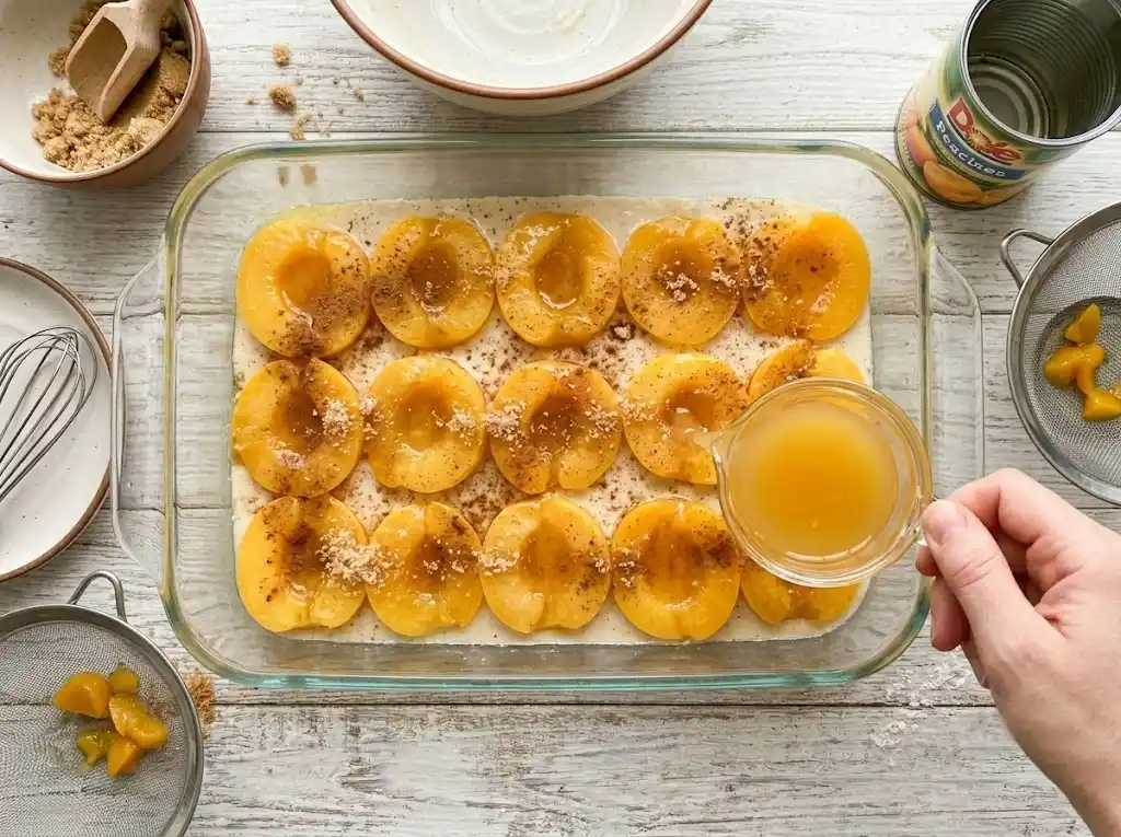 canned beach cobbler Layer the peaches Layering sliced canned peaches and juice over unmixed batter, sprinkled with cinnamon for a canned peach cobbler.