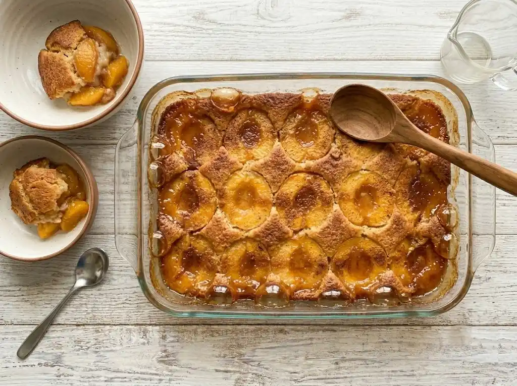 canned peach cobbler final result looks Freshly baked, golden brown canned peach cobbler bubbling in a baking dish.