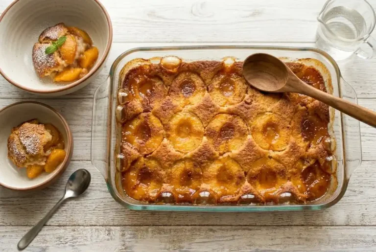 A warm scoop of freshly baked canned peach cobbler with a golden-brown buttery crust and juicy peaches from MixoRecipes.