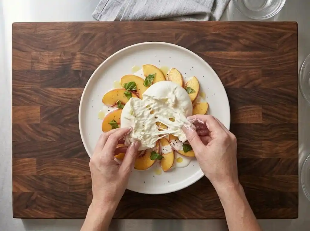 Tearing open a ball of creamy burrata cheese over arranged fruit for a fresh Peaches and Burrata Salad.