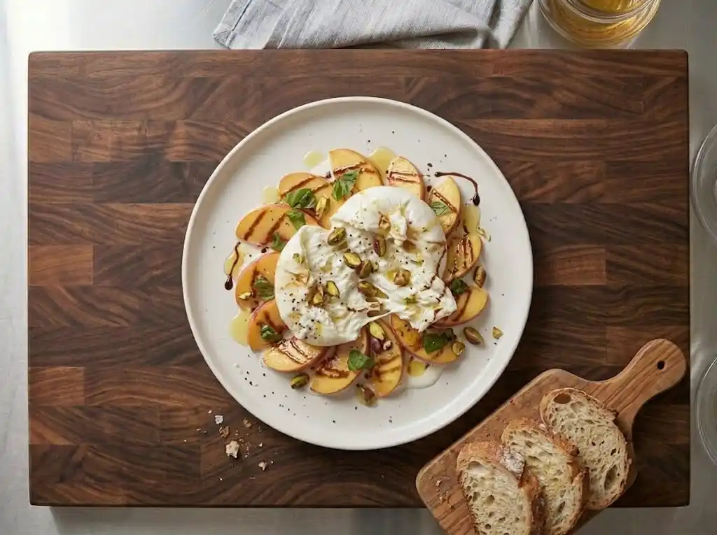 Finishing a beautifully plated Peaches and Burrata Salad by drizzling olive oil and balsamic glaze over the cheese and fresh basil.