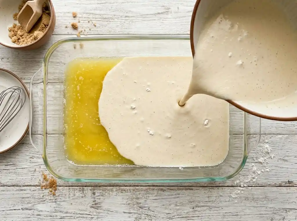 peach cobbler Mix and pour the batter Pouring freshly whisked smooth batter over melted butter to create the crust for a canned peach cobbler.