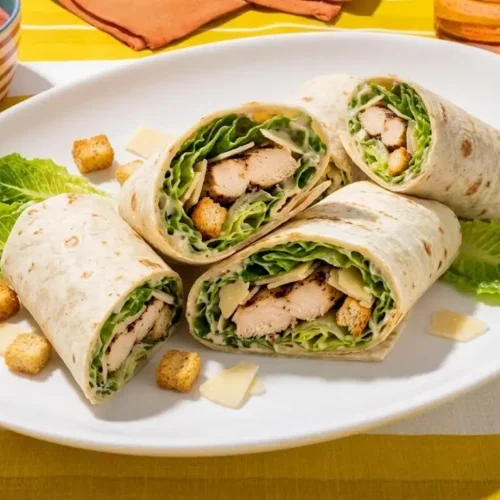 Homemade Chicken Caesar Wrap cut in half with juicy chicken, romaine lettuce, Parmesan cheese, and creamy Caesar dressing.