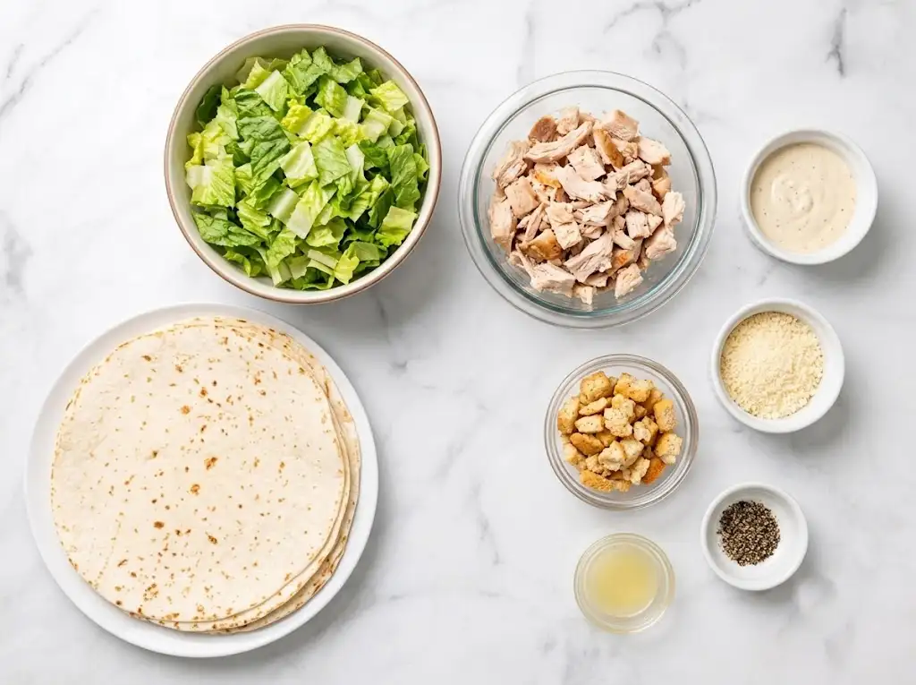 Ingredients for making Chicken Caesar Wrap arranged on a white marble countertop, including tortillas, chicken, romaine lettuce, Caesar dressing, Parmesan cheese, croutons, lemon juice, and black pepper.