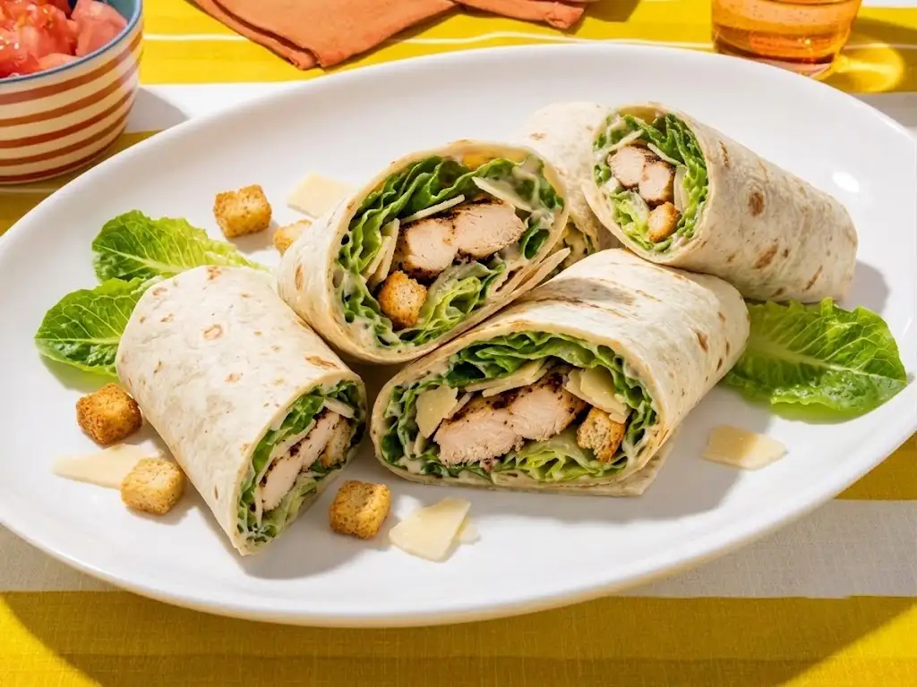 Homemade Chicken Caesar Wrap cut in half with juicy chicken, romaine lettuce, Parmesan cheese, and creamy Caesar dressing.