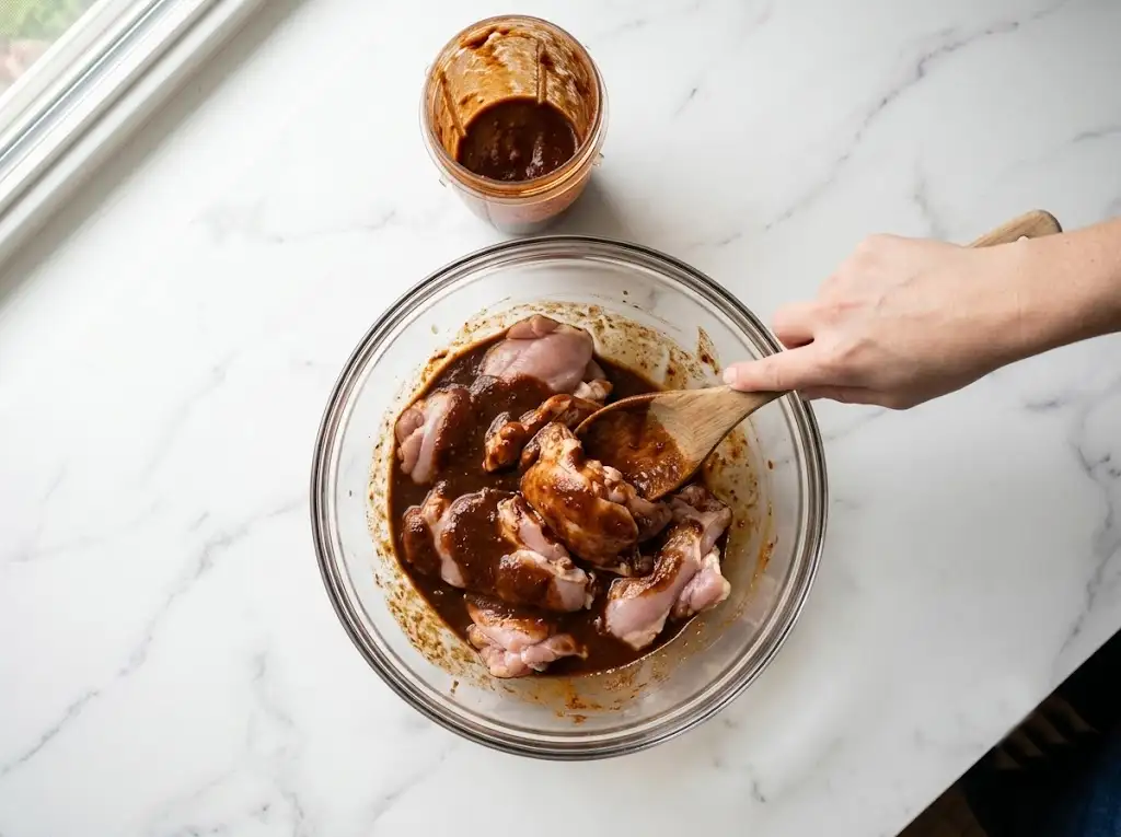 Marinating chicken thighs with chipotle peppers, lime, garlic, and spices for a homemade Chipotle Chicken Bowl