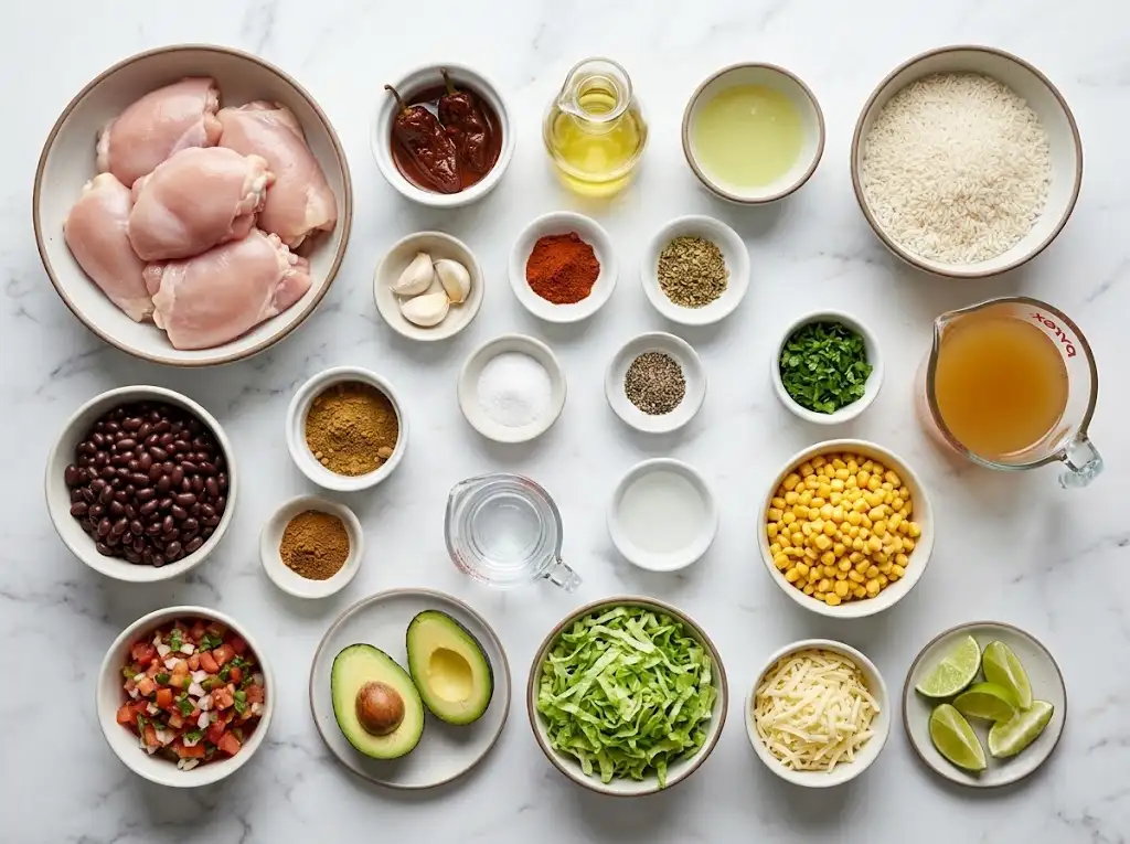 Ingredients for a homemade Chipotle Chicken Bowl including chicken thighs, chipotle peppers, rice, black beans, corn, avocado, lime, cilantro, and spices