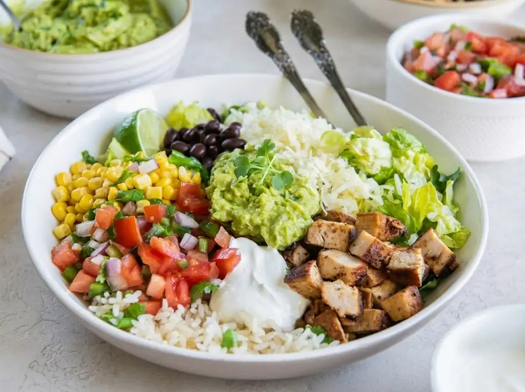 Chipotle Chicken Bowl with cilantro lime rice, chipotle chicken, black beans, corn, avocado, pico de gallo, and lettuce
