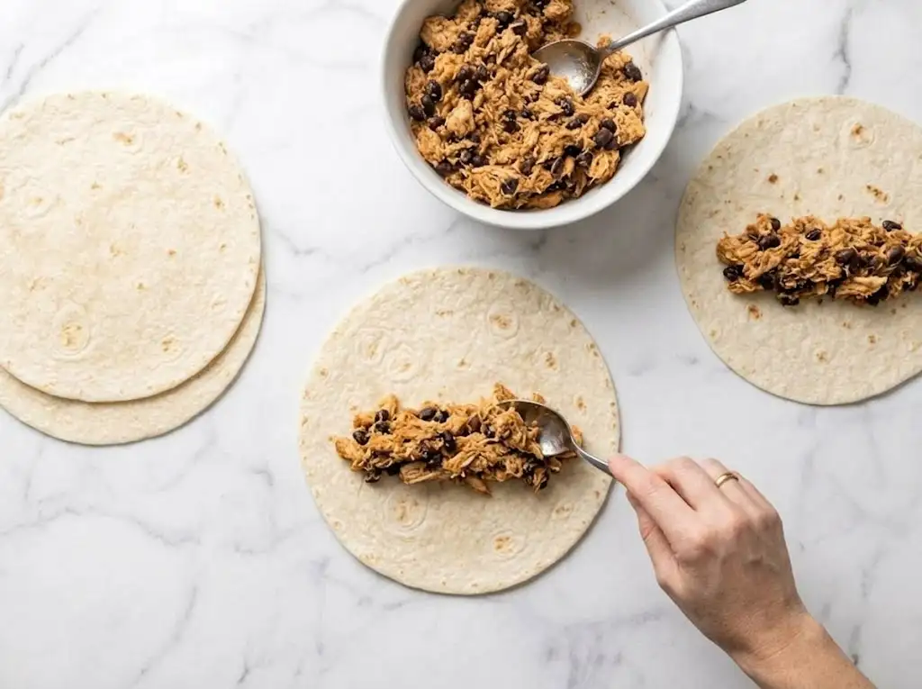 Filling flour tortillas with creamy Chicken Caesar Wrap mixture before rolling.