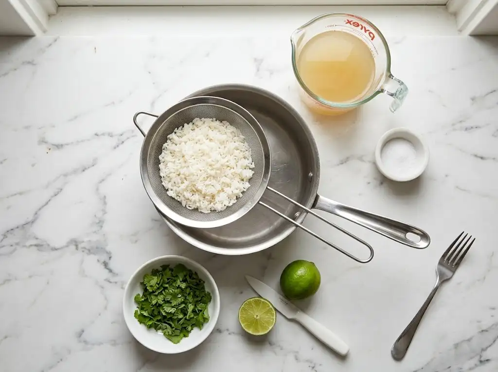 Cooking cilantro lime rice for a homemade Chipotle Chicken Bowl with fluffy white rice and fresh cilantro