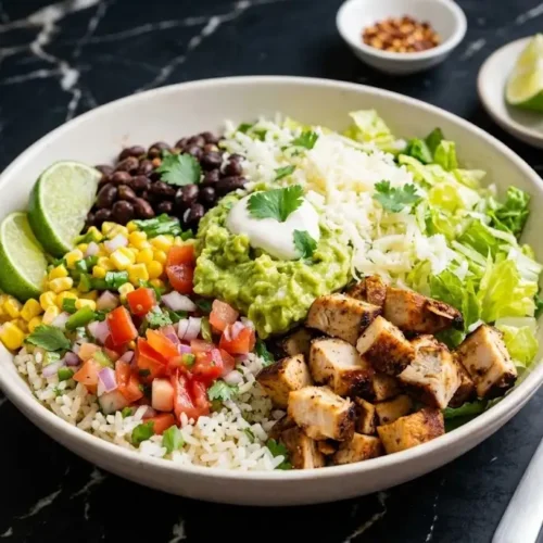 Chipotle Chicken Bowl with cilantro lime rice, chipotle chicken, black beans, corn, avocado, pico de gallo, and lettuce, it's perfect for Back to school , lunch box, meal prep