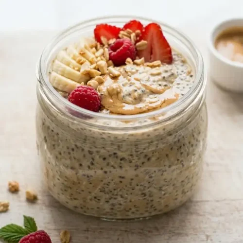 Peanut butter overnight oats in a mason jar topped with banana slices and chopped peanuts