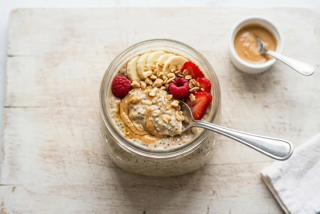 Close-up of creamy peanut butter overnight oats with a spoon lifting a scoop from the jar