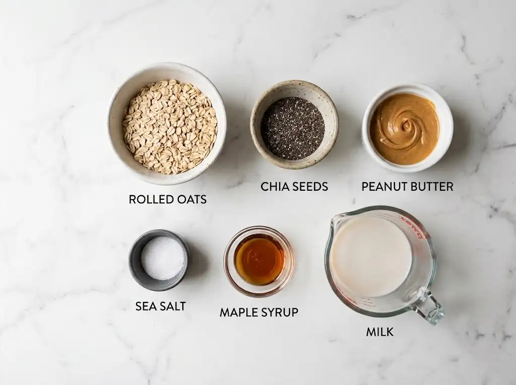 Ingredients for peanut butter overnight oats including rolled oats, chia seeds, peanut butter, almond milk, and maple syrup
