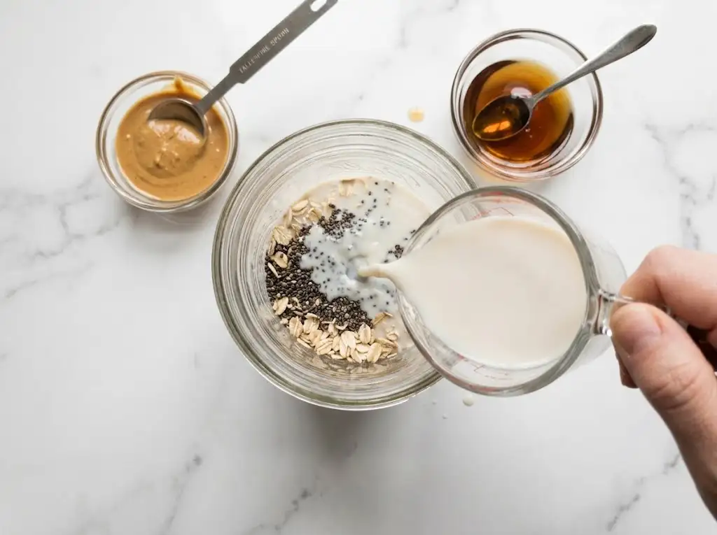 Almond milk, peanut butter, and maple syrup poured over oats in a jar"