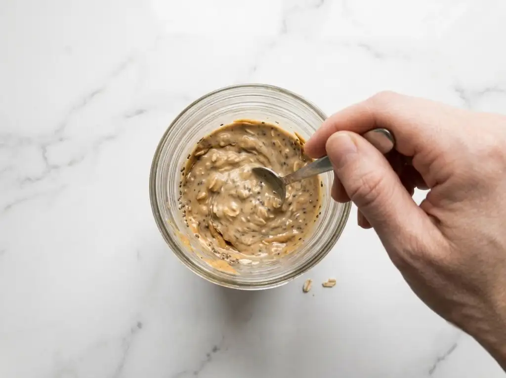 Stirring peanut butter overnight oats mixture until smooth and fully combined