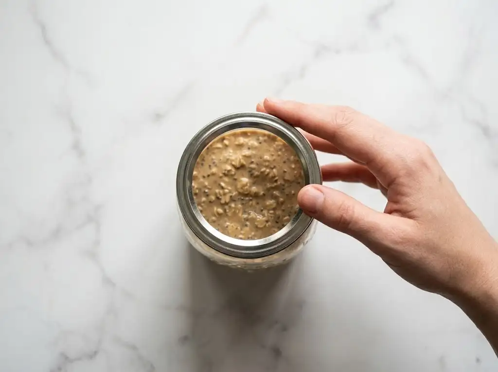 Sealed jar of peanut butter overnight oats chilling in the refrigerator