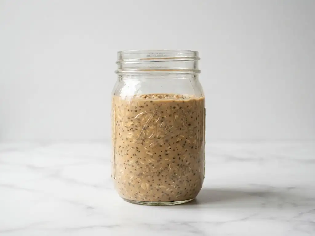 Finished peanut butter overnight oats stirred and ready to eat in the morning