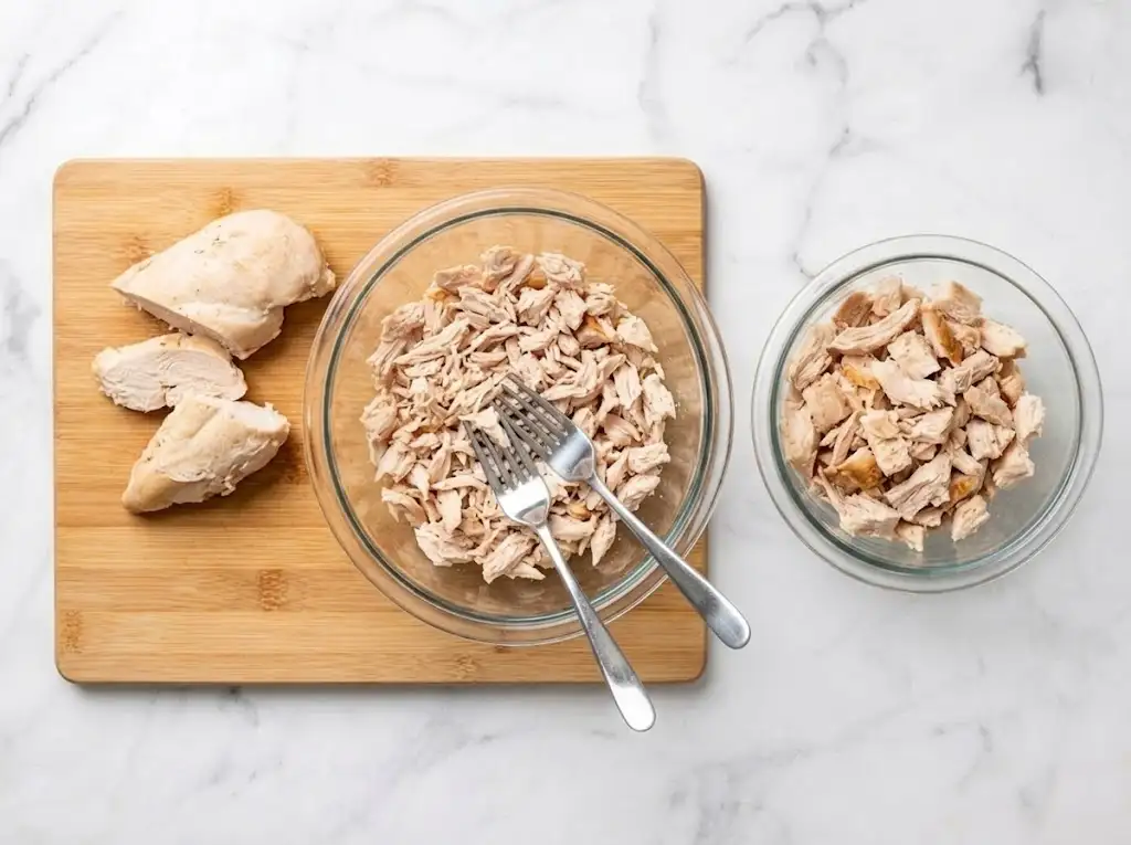 Chopping cooked chicken into small bite-size pieces for a homemade Chicken Caesar Wrap.