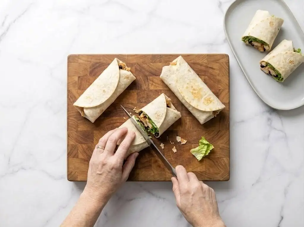 Slicing a freshly made Chicken Caesar Wrap on a wooden cutting board before serving.