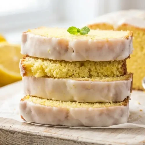 A silver fork cutting into a soft slice of homemade Starbucks lemon loaf recipe, showing the dense texture and thick icing of the classic coffee shop pastry.
